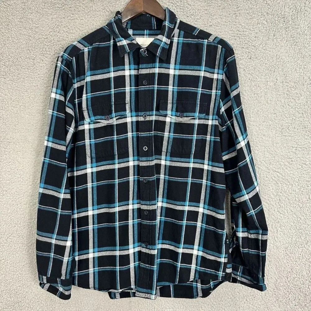 American Eagle Button Up Shirt Mens Large Blue Plaid Flannel Preppy Outdoors